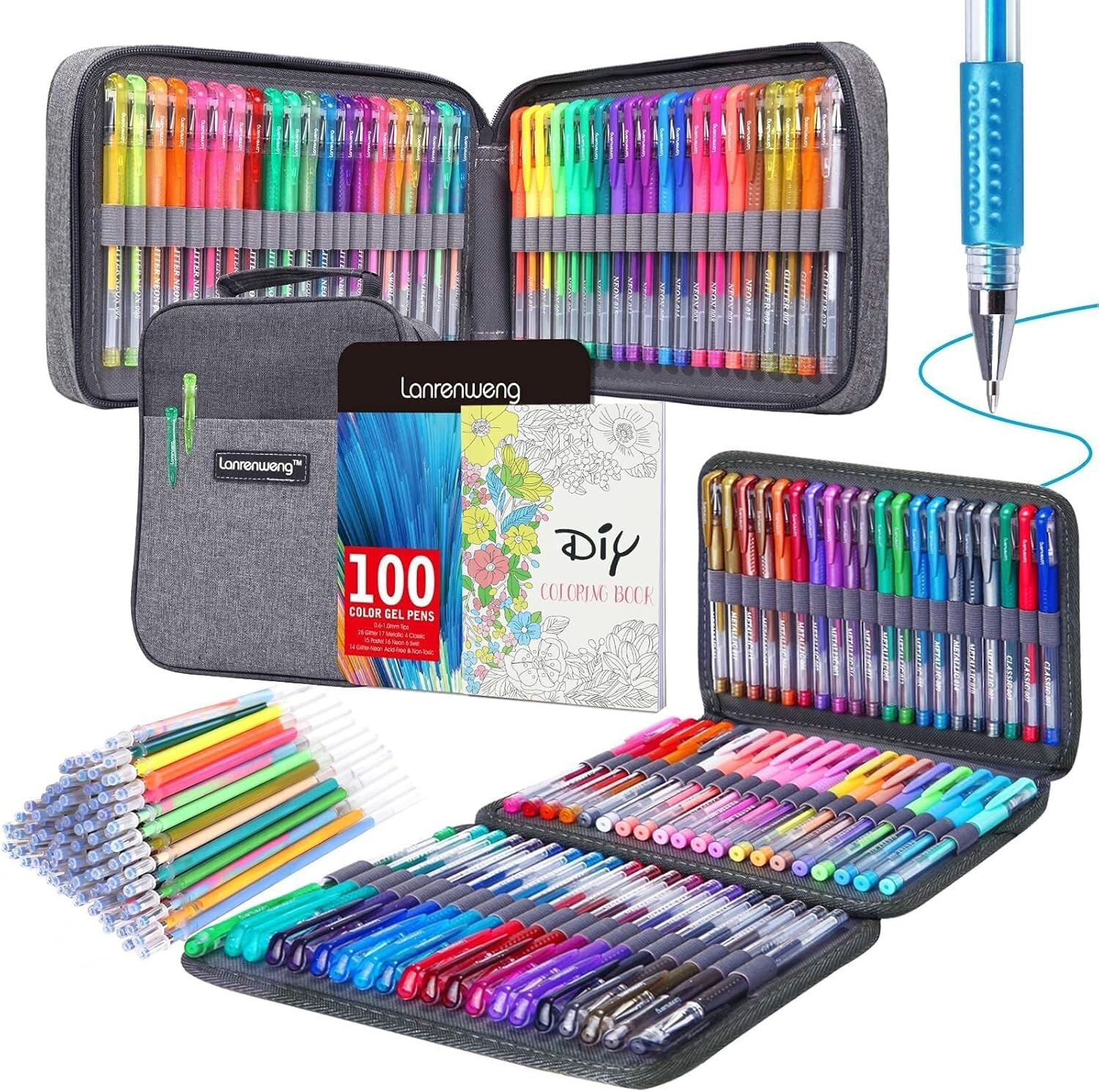 200 Pack Gel Pen Set - 100 Colorful Gel Pens with 40% More Ink & Storage Bag