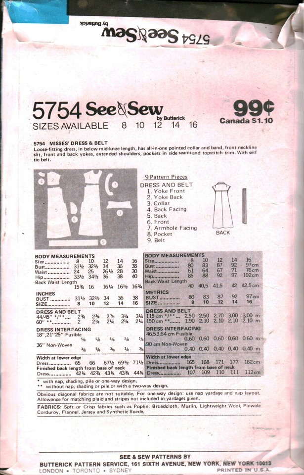 5754 Vintage Butterick SEWING Pattern Misses Very Loose Fitting Dress ...