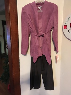 Dressbarn 3 Piece Mauve Suede Jacket Top Pin Strip Pants Suit Set