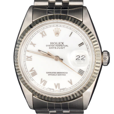 Mens Rolex Datejust Stainless Steel 18K White Gold Watch White Roman Dial 16014