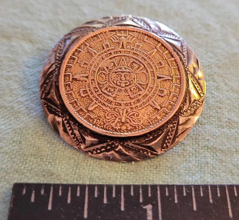 Gold & Sterling Aztec Calendar Pin Signed FZR - Gem