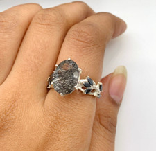 Pretty 925 Sterling Silver Ring-Black Rutile Cocktail Ring Anniversary Gift