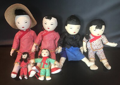 Vintage handgefertigte chinesische Stoffpuppe 6-köpfige Familie, Original 50er-60er Jahre? Hongkong