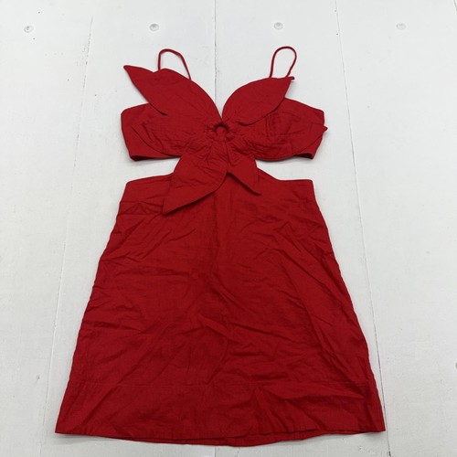 Farm Rio Dress Womens M Red Linen Viscose Cut Out Floral Mini Sweetheart A-Line