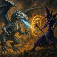 Dark magician And Blue Eyes White Dragon Fighting Each Other Photo Yugioh 