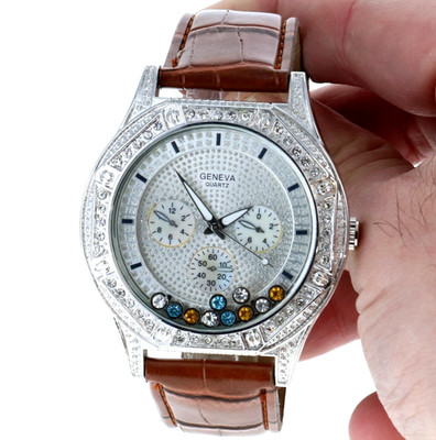 Hip Hop Men's Floating Multi-Color Stone, Silver Tone Brown Leather Band Watch