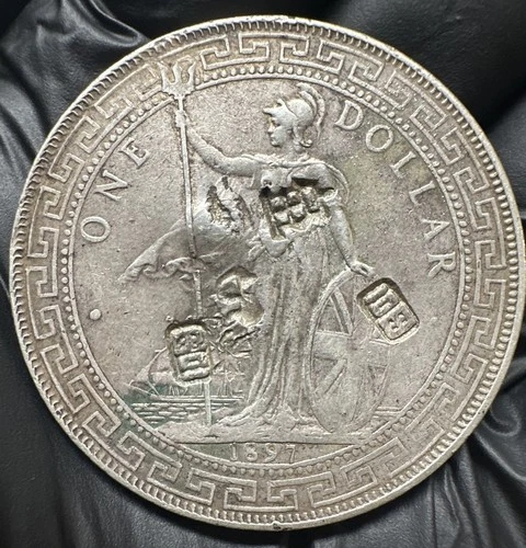 1897 British Trade Dollar Silver Coin – Heavy Authentic Chop Marks – China Trade