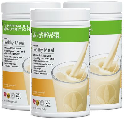 ハーバライフF1バニラとトロピカルフルーツとバナナキャラメル3個 3X Herbalife Formula 1 Healthy Meal Nutritional Shake Banana