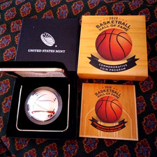 2020 P Basketball Hall of Fame Color Proof Silver Dollar Curved Coin Box and COA