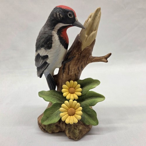 Andrea by Sadek DOWNY WOODPECKER Signed Porcelain Bird Figurine Sunflowers Japan