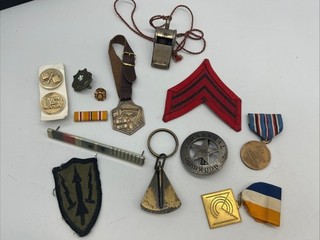 MTB Vintage Military & Fraternal Insignia Lot US Pins Patches Medals Whistle