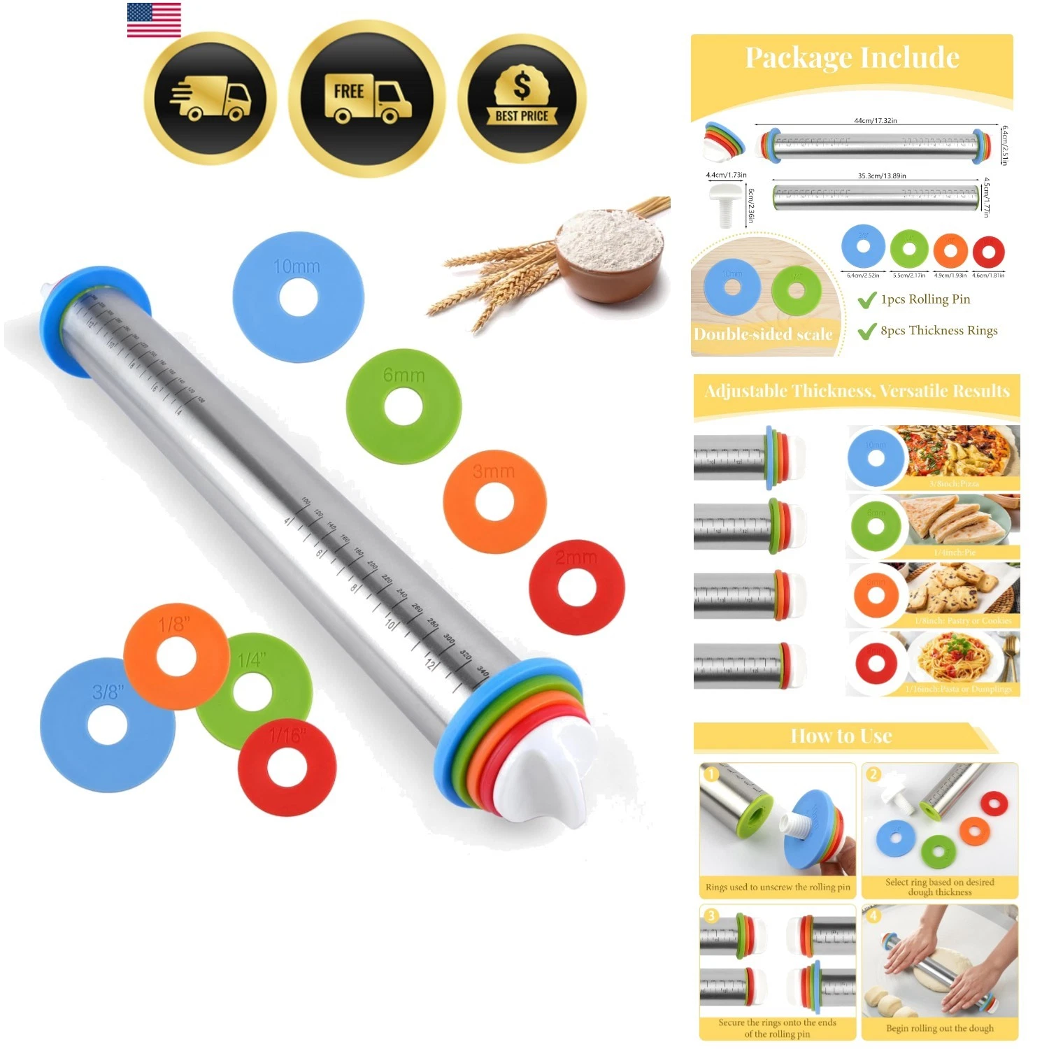 Adjustable Rolling Pin with 4 Thickness Rings for Baking, 17” Stainless Steel...