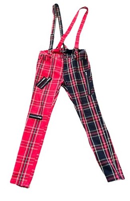 32x30 Hot Topic Stinger Pants Split Leg  Red Black Plaid Skinny Suspenders
