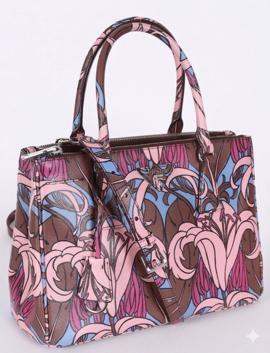 Prada Galleria Flower Motif Saffiano Leather Tote in Pink & Brown