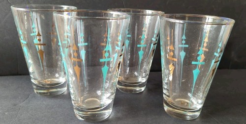 Vtg Atomic Gold Turquoise Tumblers Mid Century Modern Glasses Libbey Staccato 4 - Picture 1 of 14
