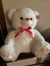 A white plush teddy bear with a pink bow and pink paw accents 12  New W/t Box