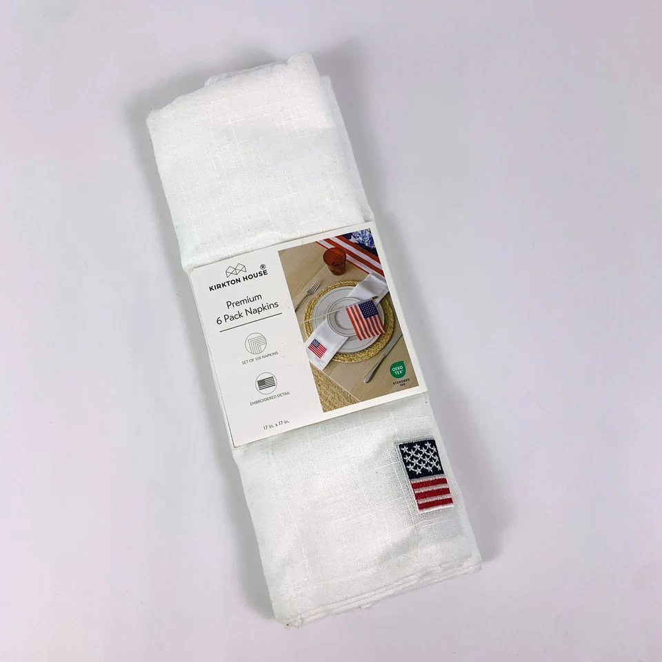 Paquete de 6 servilletas de tela Kirkton Premium blancas bordadas bandera americana EE. UU. 17x17 Foto 4 de 4