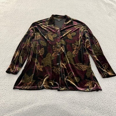 Impressions Lifestyle Womens Medium Velvet Button Down Shirt Burgundy Leaf Print