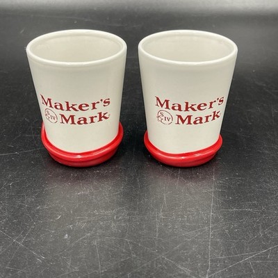 Pair Makers Mark White Ceramic Shot Glasses Unique Red Wax Dip Set of 2