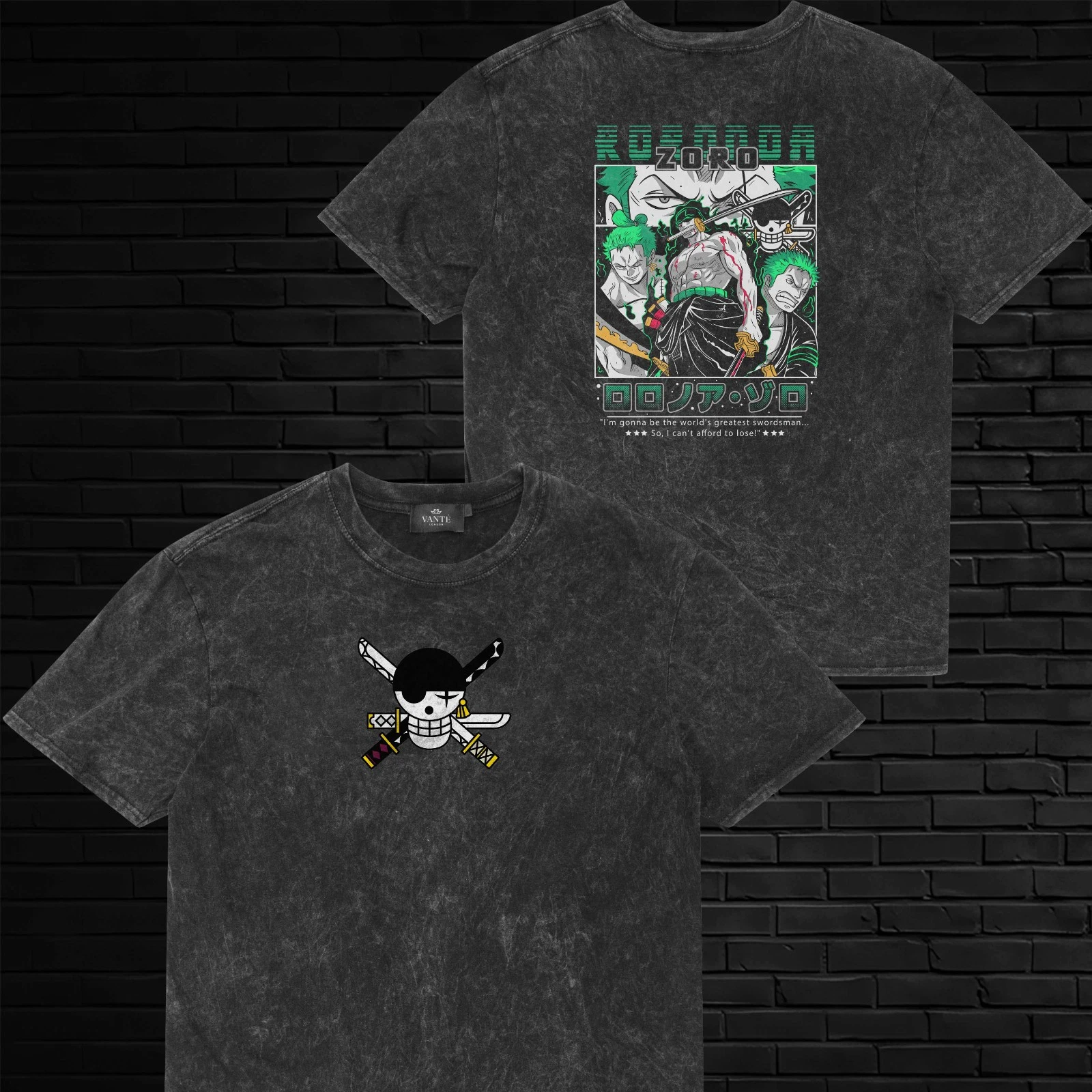 Roronoa Zoro T-Shirt Pirate Hunter Swordsman Acid Wash Graphic Tee Mens Unisex