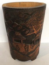 Antique Chinese Brush Pot Hand Carved Wood Bamboo Brush Pot 10”