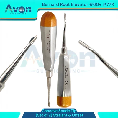 AVON SURGICAL 2pcs Set - Bernard Dental Elevator #60 & #77R, Straight & Offset - Stainless
