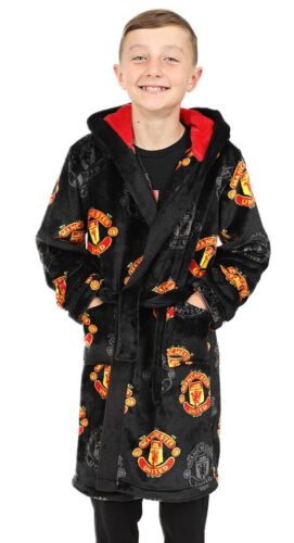 Manchester United F.C. Boys Official Dressing Gown Fleece Hooded Kids Robe Black - Picture 1 of 8