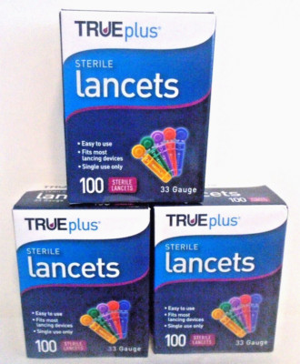 TruePlus Sterile Lancets 33 Gauge 100 Lancets (3 Pack) Multi Color = 300 Lancets