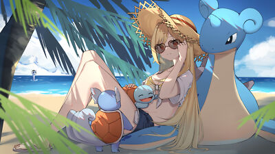 Pokemon anime girls art 2d looking at viewer belly playmat gaming mat