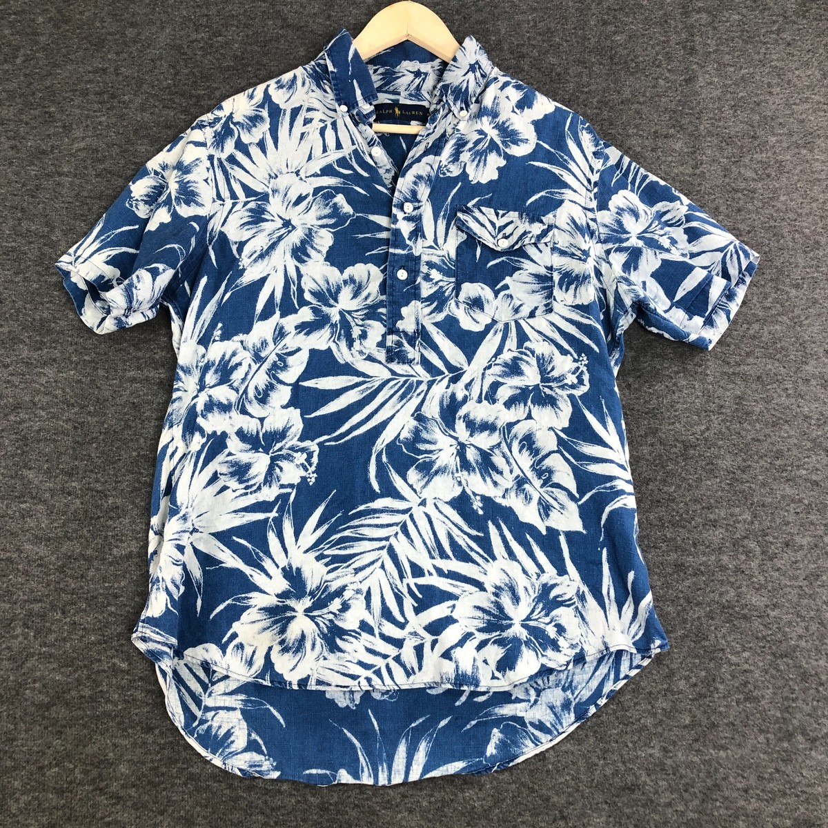 Ralph Lauren Shirt Men Medium 100 Percent Linen Blue White Floral 