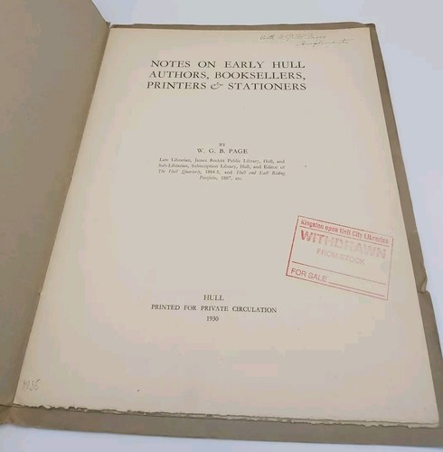 Notes On Early Hull Authors Booksellers Printers Library Typography Book 30's - Picture 2 of 3