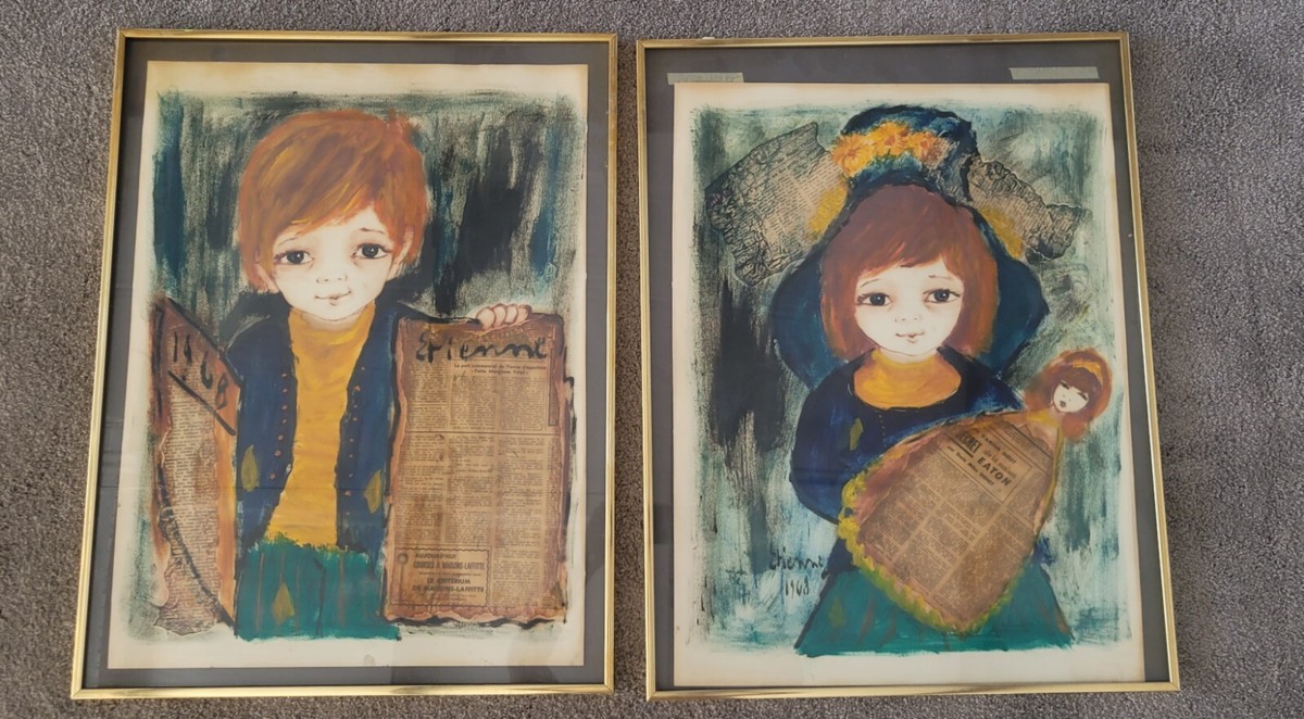 Vintage MCM 1960s Roger Etienne Big Eyes Boy & Girl Framed