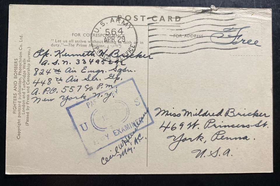 1945 USA Air Force PO 557 Picture Postcard Cover To York PA North American B-25 - Image 2 of 2