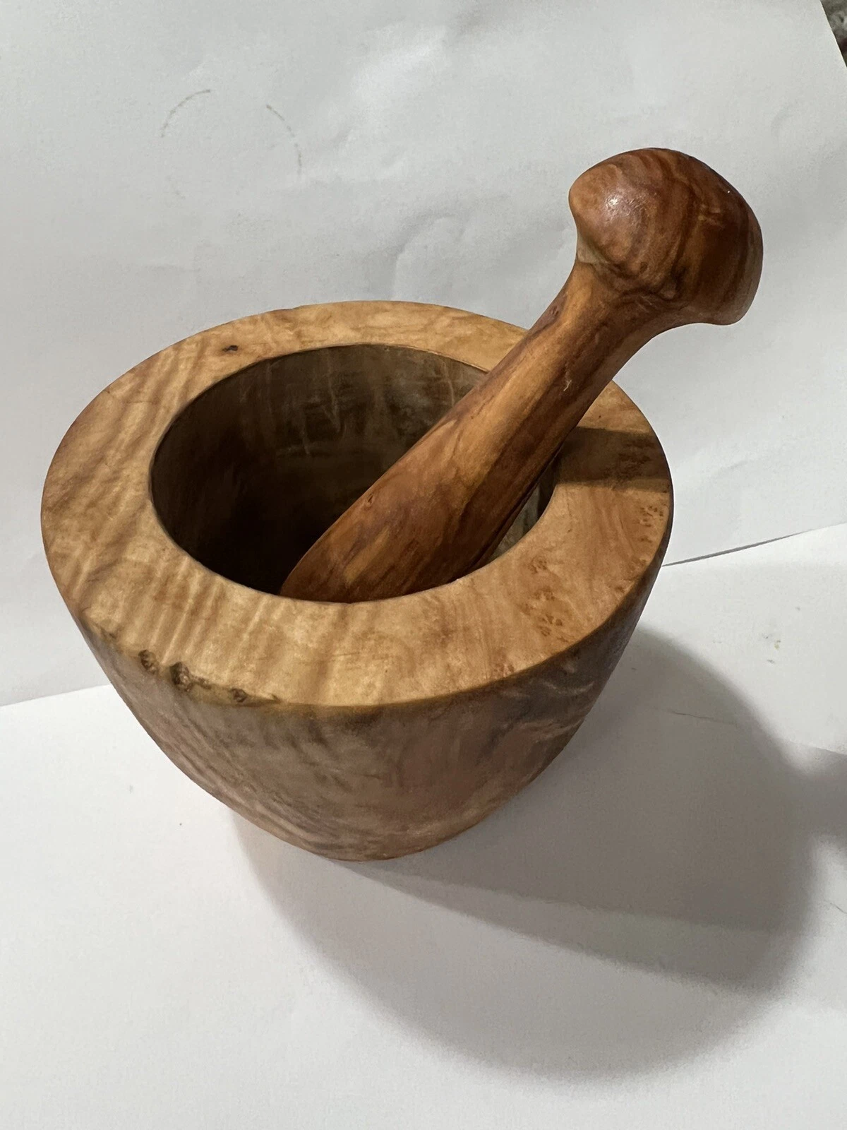 Handcrafted Olive Wood Flat Mortar & Pestle, Wooden Crush Spices 4.5" in Diamete