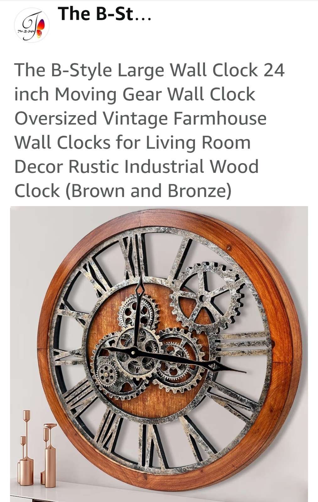 The B-Style 24" Wall Clock-Moving Gears, Oversized, Vintage (Brown And Bronze)