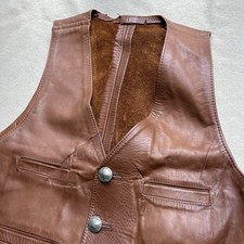 VTG 70  s Buffalo Nickel Leather Vest Cognac Brown Western S