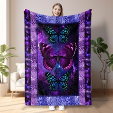 "Purple Butterfly Printed Flannel Blanket - Soft, Warm, and Lightweight Throw