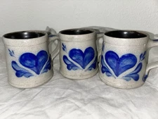 Rowe Pottery Salt Glazed Cobalt Blue Heart Mugs- Stamped 1993