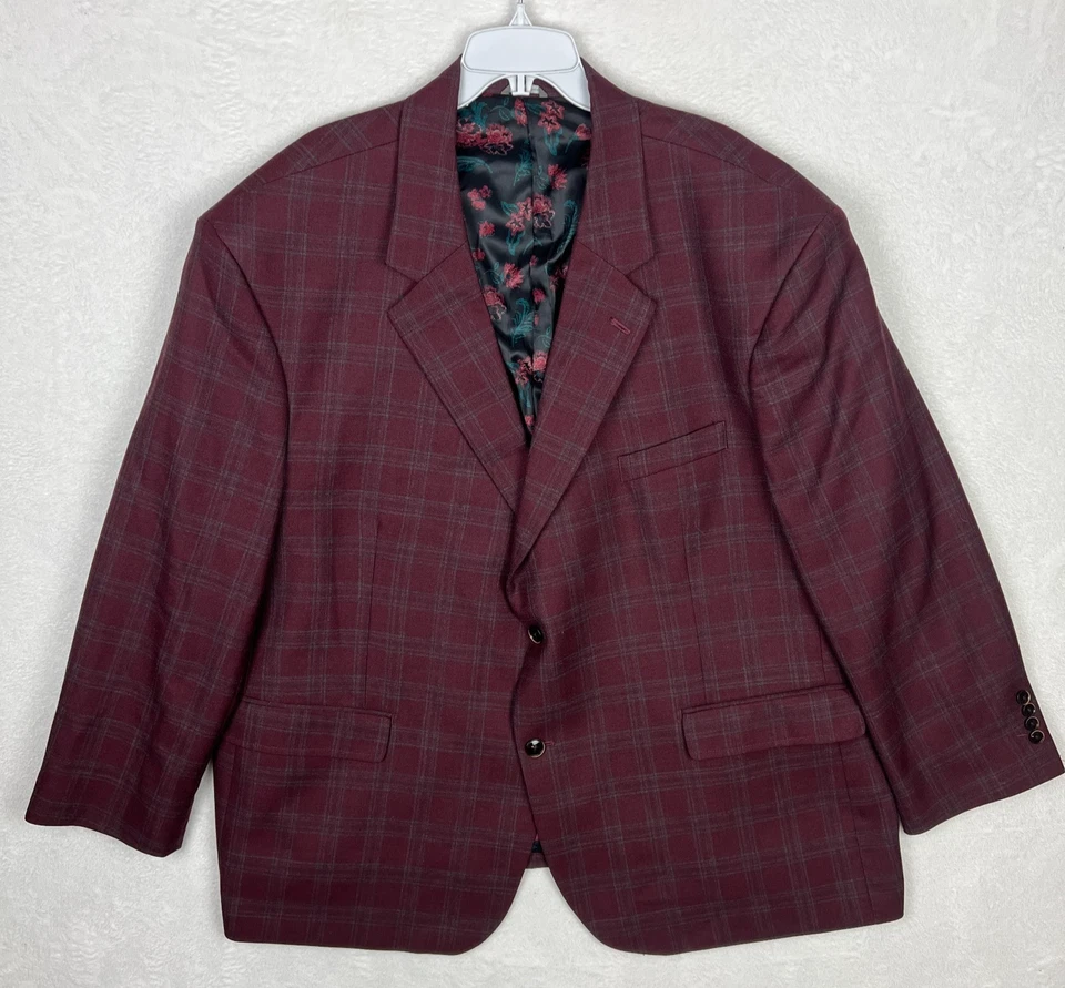 Oak Hill Blazer Mens 3XL 54R 56R Burgundy Red Plaid Suit Jacket Floral Lined - Image 2 of 4