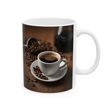 Brewed Coffee Mug depicting coffee cup and saucer with coffee scoop and beans