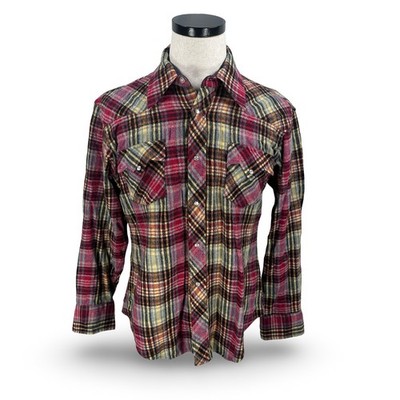 Vintage 60s Arrow Wool Blend Western Pearl Snap Plaid Flannel Shirt Red Blue XL