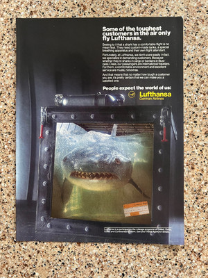 1989 VINTAGE 8X11 PRINT Ad FOR LUFTHANSA GERMAN AIRLINES COOL SHARK CARGO ADVERT