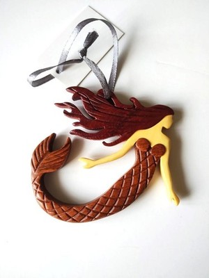 Mermaid Fantasy Wooden Intarsia Handmade Handcrafted Hanging Ornament