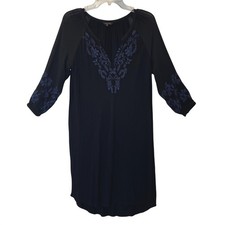 Lucky Brand Dress Medium Black Embroidered V Neck Boho Romantic Resort Wear Chic