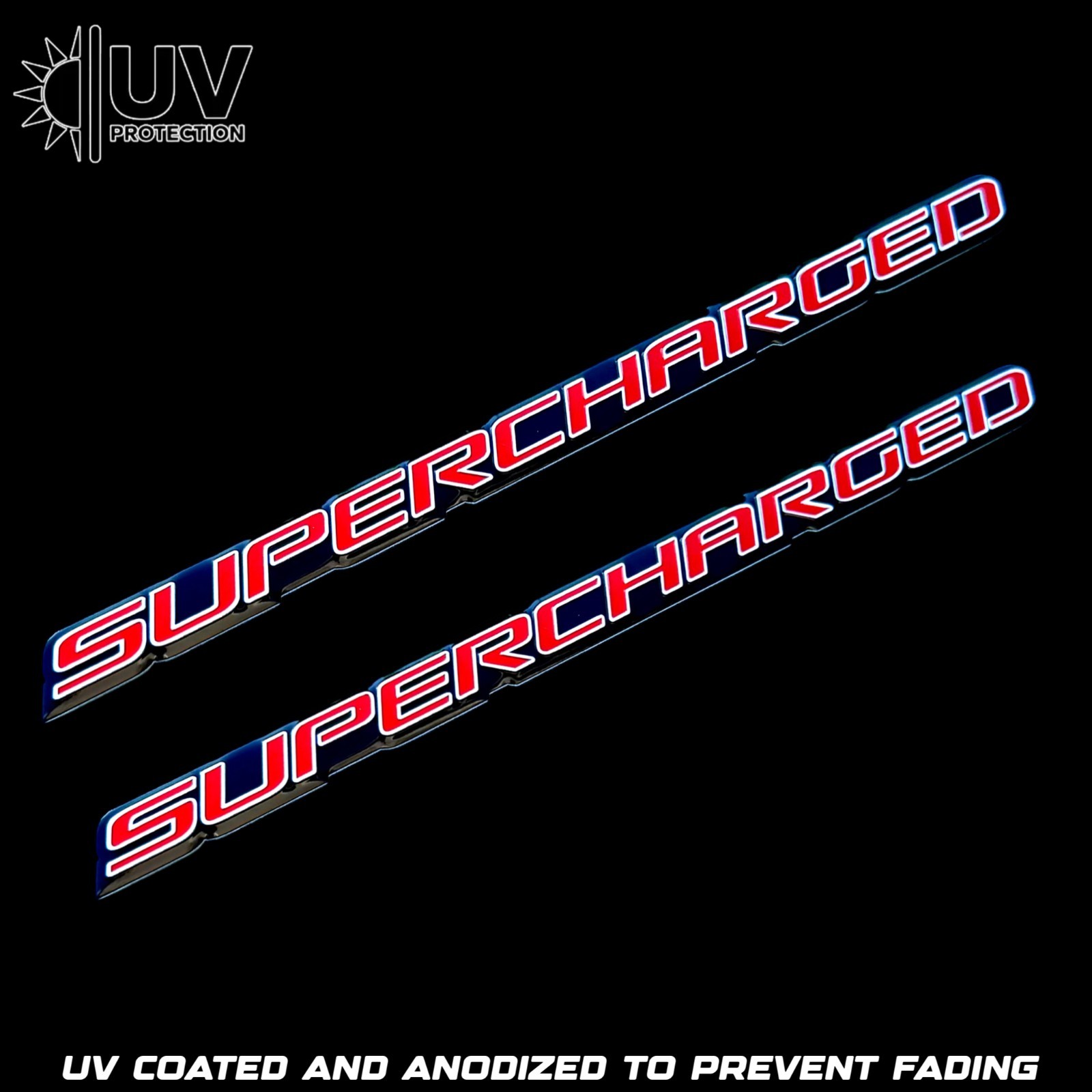 2 SUPERCHARGED ENGINE HOOD FENDER TRUNK CONSOLE UV COATED ALUMINUM EMBLEMS RED