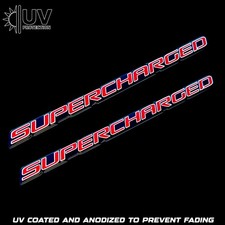 2 Supercharged Engine Hood Fender Trunk Console Uv Coated Aluminum Emblems Red 2 Supercharged Engine Hood Fender Trunk Console Uv Coated Aluminum Emblems Red
