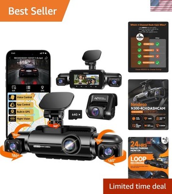 360° Dash Cam Front and Rear Inside, 4 Channel FHD 4 * 1080P, Wi-Fi GPS Voice...