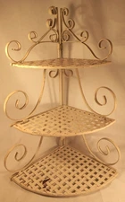 Vintage 3-Tier Wrought Iron Corner Shelf Off White Ornate Lattice Folding Shabby