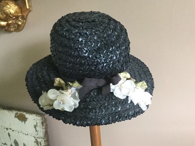 Vintage Navy Blue Woven Straw Hat with 