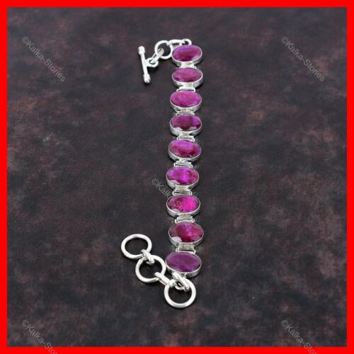 Halloween Deal Oval Kashmir Rubi Gemstone Chain Bezel Mother Bracelet 925 Silver - Picture 3 of 6
